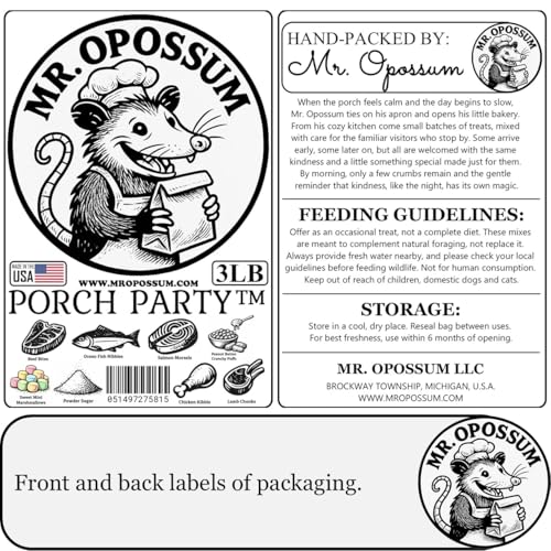 Porch Party Mix™ Raccoon and Opossum Food Wildlife Treat Blend for Backyard Feeding with Marshmallows Beef Chicken Lamb Ocean Fish and Peanut Butter Puffs (3 lb Pouch) - size: 3 Pound (Pack of 1)
