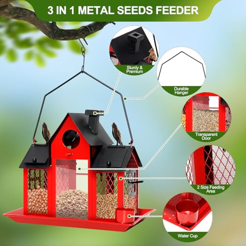 Solar Bird Feeders for Outdoors Hanging, Bird Houses for Outside | Red,Cardinal Bird feeder,Wild Metal Bird Feeder Squirrel Proof,7LBS Large Capacity with Water Cup,Gift for Bird Lovers - color: Red
