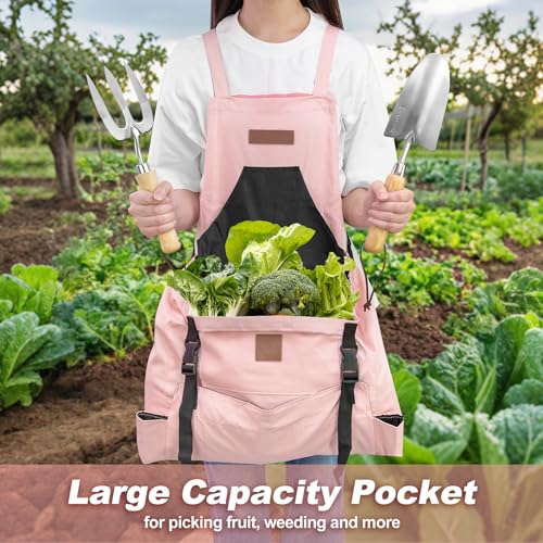 Berry&Bird Harvest Apron, Canvas Gardening Apron with Pockets and Harvesting Pouch Waterproof Harvesting Apron - color: Pink