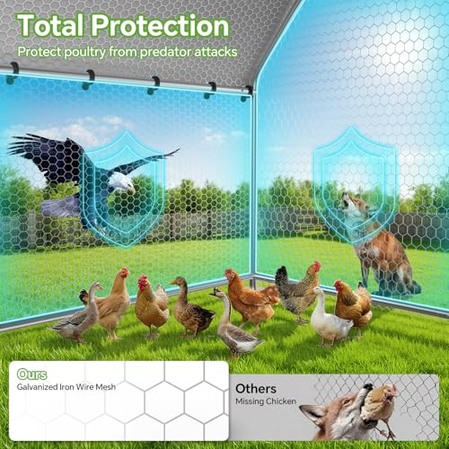 10 x 19.7 x 6.4 FT Metal Chicken Coop, Chicken Run with Cover | Walk-in Metal Chicken Coop, Side Hardware Cloth, Waterproof Cover, Roosting Perch, reinforced frame, Backyard & Farm Use - size: 236.2"L x 157.5"W x 78.2"H