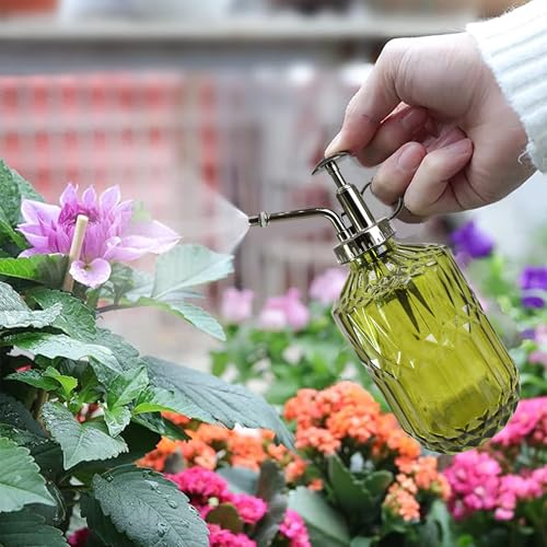 Glass Plant Mister Spray Bottle, 400ML Vintage Plant Spritzer with Top Pump Watering Can for Indoor Outdoor House Plants, Flowers (Green) - color: Yellow Green