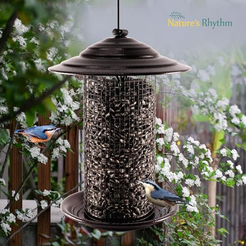 Outdoor Metal Mesh Bird Feeder, Cylindrical Metal Mesh Feeder with Dome Lid Feeder, Holds 2.5lb of Seed, Suitable for Multiple Seeds, Suitable for Multiple Birds