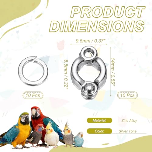Bird Foot Rings, Parrot Metal Leg Ring Outdoor Fly Training Activity Opening Clip Accessories 5.5mm/0.22" ID, (Silver Tone, 10 Set), Intended for Small Medium Large Birds - size: 5.5mm/0.22" ID