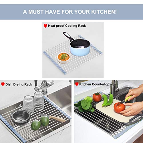 Over The Sink Dish Drying Rack, Stainless Steel Roll Up Dish Drying Rack Kitchen Dish Rack Sink Drying Rack, Foldable Dish Drainer, 17.5''x13.7'' - size: 17.5''x13.7''
