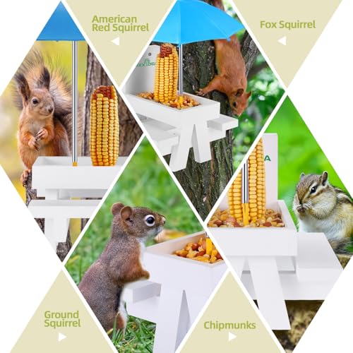 Squirrel Feeder Table with Umbrella, Wooden Squirrel Picnic Table Feeder, Durable Squirrel Feeder Corn Cob Holder, with Solid Structure and 2 x Thick Benches(White&Blue) - color: White&Blue