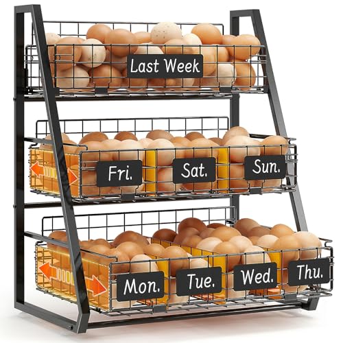 Egg Holder Countertop with 3 Pull-Out Tier Baskets, Black | Sturdy Metal Frame, 5 Adjustable Dividers,7 Date Tags, Egg Basket for Gathering Fresh Eggs, Chicken Coop Accessories - color: Black