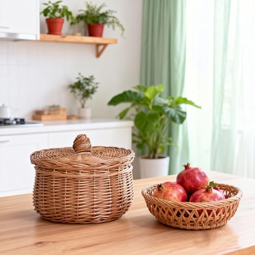 Handwoven Round Wicker Egg Basket with Lid for Kitchen & Fruit | Small Round Rustic Storage for Countertop, Pantry, Farmhouse & Bedside Table Use