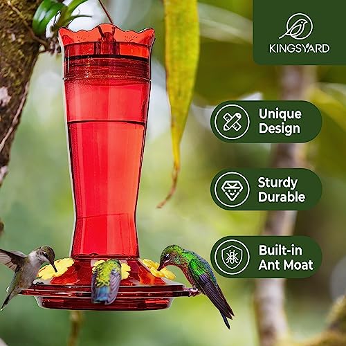 Kingsyard Glass Hummingbird Feeder for Outdoors Hanging, 14 oz Leak-Proof Humming Bird Feeders with Ant Moat & Bee Proof Feeding Ports, Hummingbird Gift for Bird Lovers (Red) - color: Updated Red