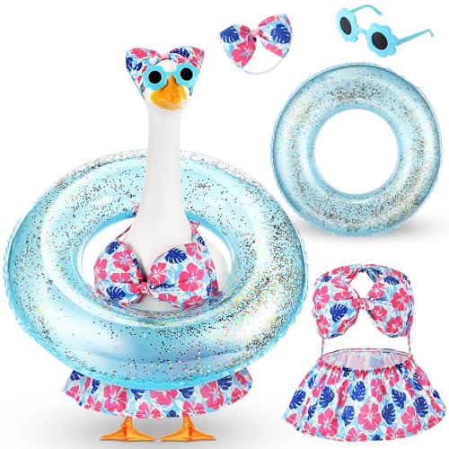 Bikini Porch Goose Outfits with Sunglasses and Swimming Tube for 23" Summer Goose Costume Garden Patio Statue Decor(Blue Monstera Leaf) - style: Blue Monstera Leaf