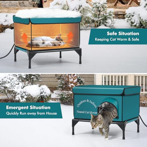 Heated Cat House for Outside Cat in Winter, Insulated Outdoor Feral Cat Shelter with Cat Heating Pad, 2 Doors,Elevated Waterproof Heated Kitty House (Blue, 21.5"x16.5"x18") - style: Blue Cat House 01