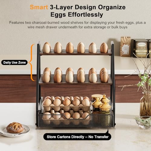 3-Tier Wooden Egg Holder with Basket, Holds 130+ Eggs | Sturdy wooden egg holder, holds 36+90 eggs, carry handle for easy gathering & transport. - size: 3 Tiers