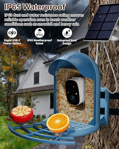 Smart Bird Feeder with Camera, AI Recognition, Solar Powered, 2K HD | Identify birds with AI, record sharp 2K videos, enjoy solar charging, night vision, smart alerts and IP66 outdoor durability. - color: Blue, size: With Stand