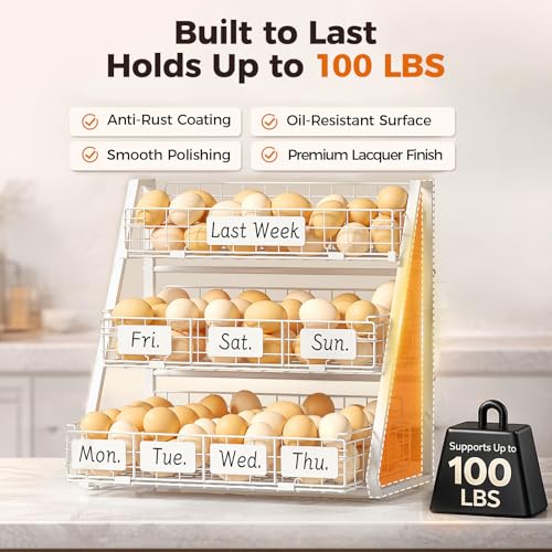 Egg Holder Countertop with 3 Pull-Out Tier Baskets, White | Sturdy Metal Frame, 5 Adjustable Dividers,7 Date Tags, Egg Basket for Gathering Fresh Eggs, Chicken Coop Accessories - color: White