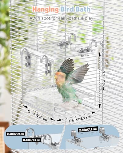Pawfly Clear Hanging Acrylic Bird Bath for Cage, 5"×4.4"×5.1" Bird Shower Bathtub Box for Parrot, Parakeet, Cockatiel, Budgie, Canary, Lovebird & Finch