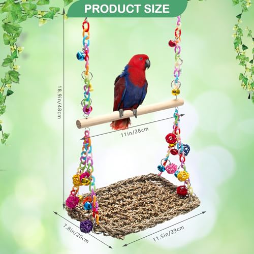 Bird Swing Mat with Wood Perch, AHIER Seagrass Bird Hammock for Conures with Chewing Toy for Parakeets, Budgie, Cockatiel Cage Accessories - color: Light Wood Pole