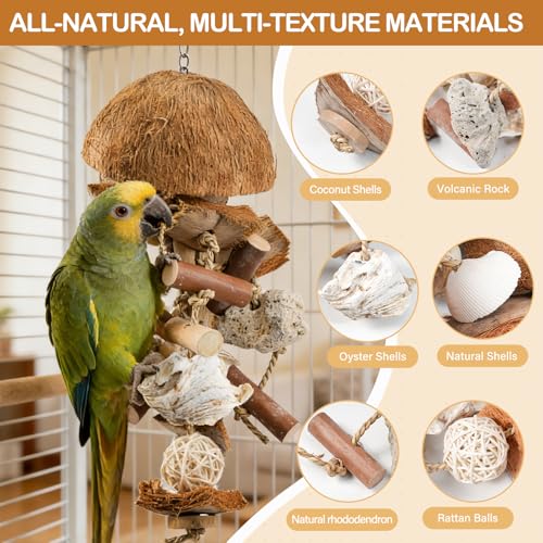 18" Natural Bird Toy for Medium & Large Parrots,Multi-Texture Chew & Forage | Coconut Shells & Lava Stones | Shred For African Greys,Cockatoos, Caiques, Quakers and Conures | Healthy Beak Exercise