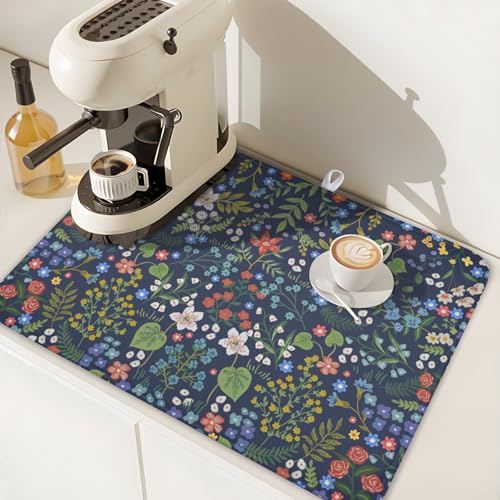 Flower Floral Dish Drying Mat 18x24 inch Microfiber Navy Blue Drying Mats with Hanging Loop Absorbent Green Leaves Dish Drainer Mat Reversible Flowers Drying Pad for Kitchen Counter Sink - color: Colored Flower, size: 24" x 18"