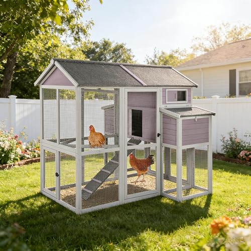 Aivituvin Chicken Coop for 4-6 Chickens/Ducks, Outdoor Wooden Chicken House Large Hen House Poultry Cage with Two Nesting Boxes (Grey, AIR48) - size: 75.7"L x 65.7"W x 59.1"H
