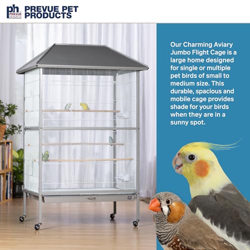 Prevue Pet Products Charming Aviary Jumbo Flight Cage - Large Metal Bird Cage with Rolling Stand, Perches, Feeders & Toy Bar, Ideal for Parakeets, Cockatiels, Lovebirds, Small & Medium Birds - Grey | Large Metal Bird Cage with Rolling Stand, Feeders & Toy