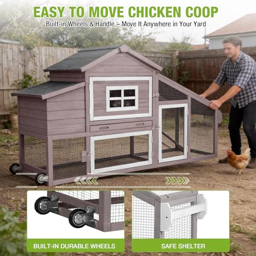 GUTINNEEN Chicken Coop with Wheels,Outdoor Hen House with Waterproof Asphalt Roof, Wooden Poultry Enclosure with Easy-Clean Slide-Out Tray,Poultry Cage with Nesting Boxes for Duck Rabbit Chicken-Brown - size: 67.3"L x 26"W x 39.4"H-Brown