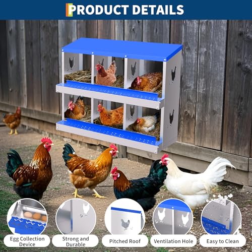 6 Compartment Galvanized Metal Chicken Nesting Box, Easy Install & Clean Roll Out Egg Laying Boxes for Backyard Chicken Coop, Anti-Rust Egg Protection Nest - color: Blue, size: 6 holes