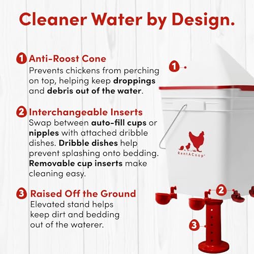RentACoop 5 Gallon Chicken Waterer with 4 Auto-Fill Water Cups, 4 Horizontal Nipples, and Custom Adjustable Stand; BPA-Free; Large Capacity Poultry Waterer- Corner Placement