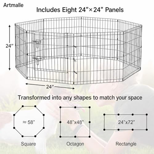 Puppy Pet Playpen 8 Panel 24 Inch Indoor Outdoor Metal Portable Folding Animal Exercise Dog Fence Ideal for Pet Animals Dog Cat Rabbit Breed Puppy (24" x 24" x 8) | Rustproof 8-panel metal playpen with door folds flat, sets up tool-free, and forms multipl