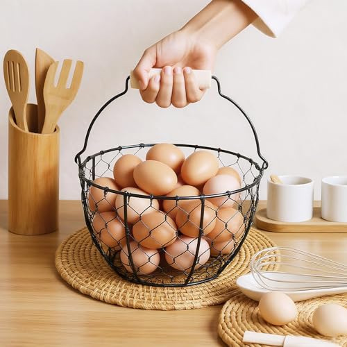 2 Pcs Egg Basket With Handle,Wire Egg Basket for Gathering Fresh Eggs, Round Egg Collecting Basket for Farm,Vintage Style Chicken and Duck Eggs Basket Egg Countertop Storage Container Holder ﻿ - color: Black