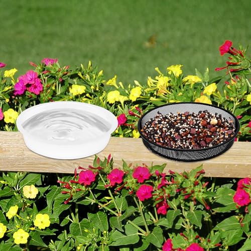 4 Pcs 7 Inch Metal Round Bird Feeder Tray and Plastic Bird Bath Bowl, Wild Birds Seed Tray Bath Water Bowl Outdoor Accessory for Humming Feeder Station (4)