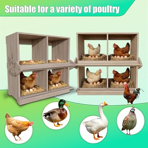 Wooden Nesting Boxes for Chickens Two-Tier Chicken Nesting Box with Swing Perches Floor and Wall Mount Large Laying Eggs Nest Box for Chickens Hens Ducks Poultry (8 Compartments) - size: 8 Compartments