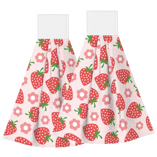 Cute Red Strawberry Kitchen Hand Towels Spring Pink Flowers Hand Tie Towels Set of 2 PCS Dish Towels with Loops Tea Bar Dish Cloths Towel for Bathroom Home - color: Pink Strawberry Cute Flowers