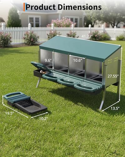 GarveeLife Chicken Nesting Box 4 Hole, Galvanized Steel Nest with Roll Away Egg Collection & Swing Perch, Easy-Clean Laying Box for Hens, Heavy Duty Design for Chicken Coop - color: Green, size: 4 holes with legs