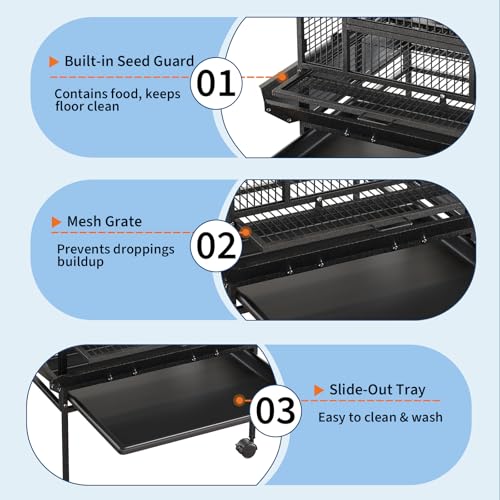 67-Inch Playtop Wrought Iron Large Parrot Bird Cages with Rolling Stand for Cockatiels Parrot Quaker Conure Parakeet Lovebird Canary Small Medium Parrot Cage Birdcage, Black | Wrought Iron Cage with Wheels, Rolling Parakeet Cage with Removable Tray for Co