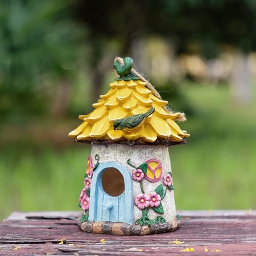 Glitzhome Bird Houses for Outside, 9" H Bluebird House Resin Yellow Roof Garden Hanging Birdhouses for Outdoors - color: 9"H Yellow