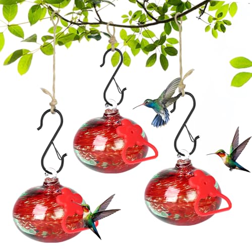 Pozfun Set of 3 Hummingbird Feeders for Outdoors Hanging,Hand-Blown Glass Hummingbird Feeder with Silicone Feeding Perch,Never Leak,Gardening Gifts for Woman Man(Red) - color: Phoenix Tail Red