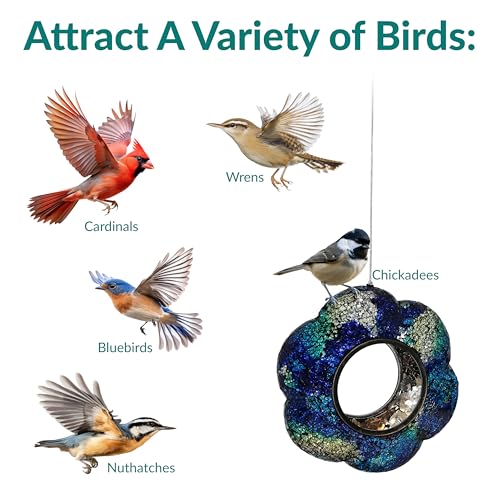 Sunnydaze Mosaic Glass Bird Feeder, Fly-Through, Indigo Flower Mosaic | 10" Small Unique Hanging Bird Feeder for Outdoors, Drainage Hole, Weather-Resistant, Birdfeeder for Cardinals, Jays, Finches - color: Indigo Flower Mosaic
