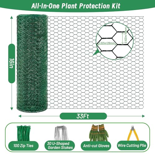 Convivium Plant Protectors from Animals, 0.8mm Free-Cut Green Chicken Wire Mesh, PVC Coated Tree Trunk Guard & Garden Fence for Outdoor Plants with Zip Ties, Stakes, Pliers, Gloves（33Ft*16In） - size: 33Ft*16In