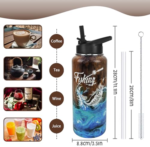 Fishing Water Bottle with Straws Fish Insulated Water Bottle Gifts for Men Dad Papa Husband Fisherman Fathers Day,Anniversary,Christmas,Birthday Travel Thermal Double Walled Vacuum Cup-32 oz - color: brown fishing