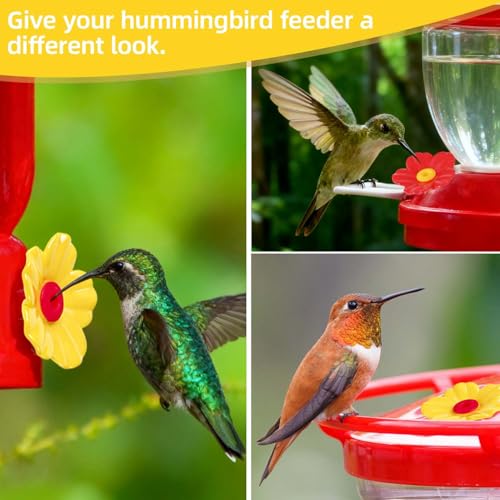 20 Pieces Hummingbird Feeder Replacement Flowers Plastic Hummingbird Feeders Parts Pet Bird Feeder Replacement for Outdoors Hanging Feeders Feeding Ports with 2 Cleaning Brush (Red + Yellow)