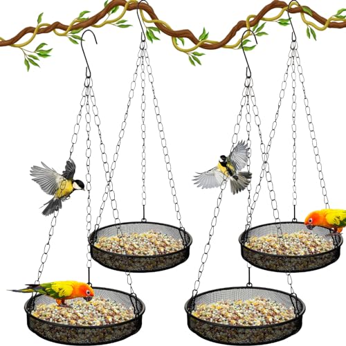 4 Pieces Hanging Bird Feeder Tray Platform Metal Mesh Feeder Seed Platform for Bird Feeding Outside Outdoors Wild House Hanging for Attracting Birds, Black(Round) - style: Round