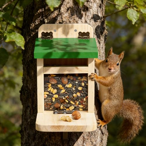 Squirrel Feeders for Outside Garden, Wooden Squirrel Feeder Box,Squirrel Feeding Stations with Green Cover, Easy to Fill Squirrel Feeding House(Green-1pk) - color: Green