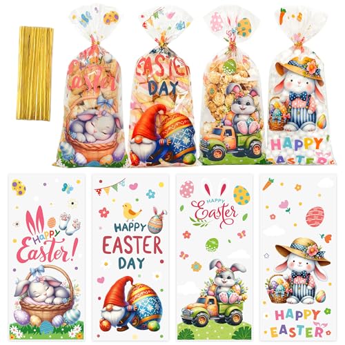 Soarvita 50 Pack Easter Treat Bags, Clear Easter Cellophane Bags with Ties for Candy Goodie Cookies Gift Wrapping, 2.8 Mil Thick Plastic Goodie Bags for Easter Egg Hunt, Party Favors, Classroom Gifts - color: Easter-50pcs