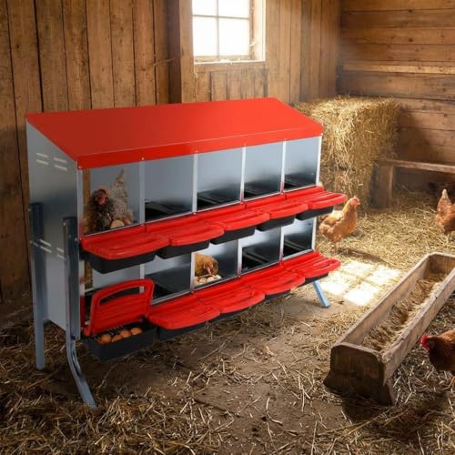 GarveeHome 2-Tier Chicken Nesting Box, 10 Compartment Metal Chicken Laying Boxes with Waterproof Roof ＆ Removable Trays for Hens, Poultry，Easy Egg Collection - color: Red, size: 10 holes with legs