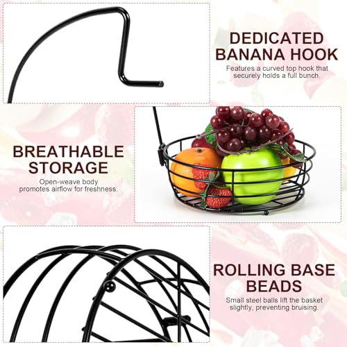 Fruit Basket for Kitchen Counter - Fruit Bowl with Banana Hanger, Rust-Proof Metal Frutero Produce Fruit Holder for Kitchen