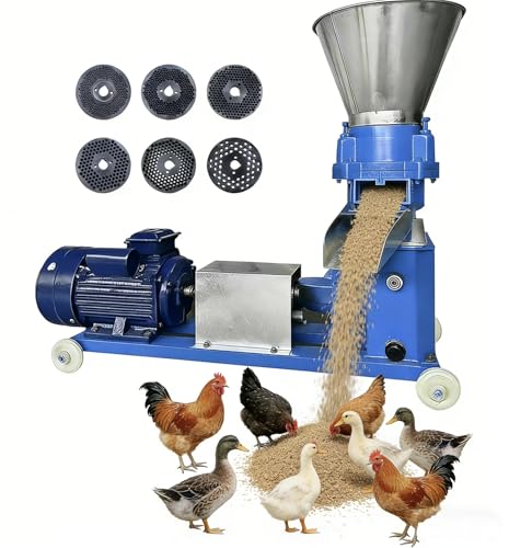 Pellet Mill Machine Animal Feed 220V w/3 Head Rollers 5.5KW | Feed Pellet Machine w/6 Grinding Discs 2.5/3/4/5/6/8mm, w/Air Switch, w/A Splash Plate, 100-200kg/h