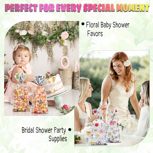 Soarvita Wildflower Cellophane Treat Bags: 100Pack Clear Plastic Floral Goodie Bags with 110 Ties for Cookies Snacks & Gift Packaging, Spring Candy Bag for Baby Bridal Shower Wedding Party Favors - color: Floral-100pcs