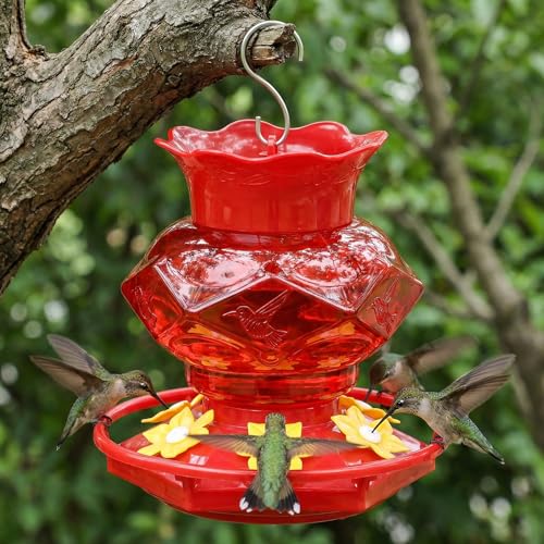 Hummingbird Feeders for Outdoors Hanging Ant and Bee Proof, 18OZ Diamond Humming Bird Feeders for Outside Circular Perch with Leak Proof & 6 Feeding Ports, Gifts for Women, Red 2 Pack Plastic - color: Red-2PC