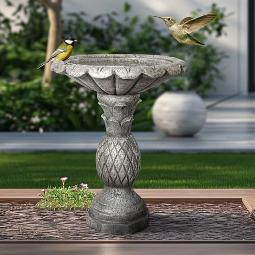 watnature 24.8" H Cement Modern Outdoor Bird Bath - Fibre Reinforced Concrete Bird Baths for Garden, Large Size Elegant Carved Garden Birdbaths with Pedestal for Patio, Backyard, Lawn Decor - color: dark gray, size: 24.8in. H