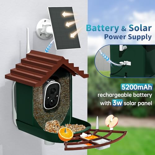 Smart Bird Feeder with Camera Solar Powered & AI Bi rd Identification, 2.4Ghz WiFi Bird feeders for Outdoors, 2K Live Video, Instant Arrival Alerts - Dark red-Green - color: Dark red-Green