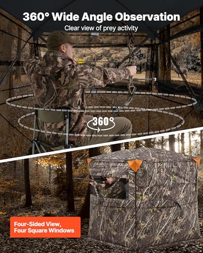 VEVOR Hunting Blind，See Through Ground Blinds with Carrying Bag, 360 Degree Portable Camouflage Tent，Durable Concealed Shelter with Silent Side Door and Window, for Turkey and Deer - size: 2-3 Person（360° See Through ）